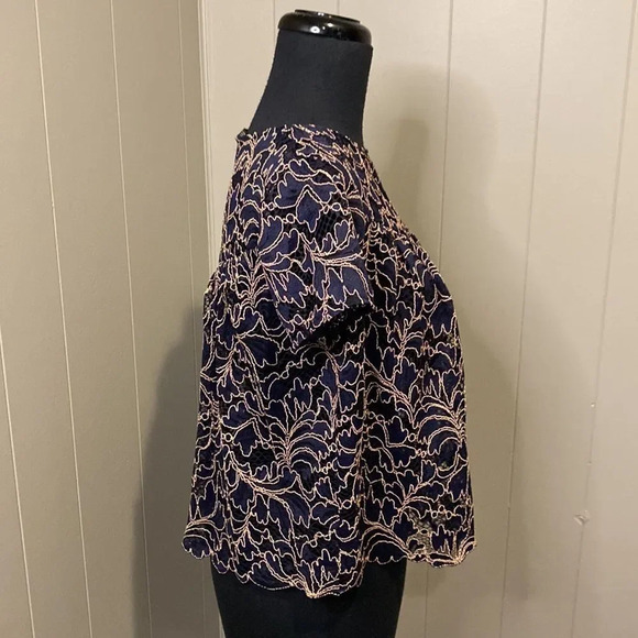 Zara Extra Small Navy Blue Lace Short Sleeve Blouse Top Shirt Cropped - Picture 3 of 6